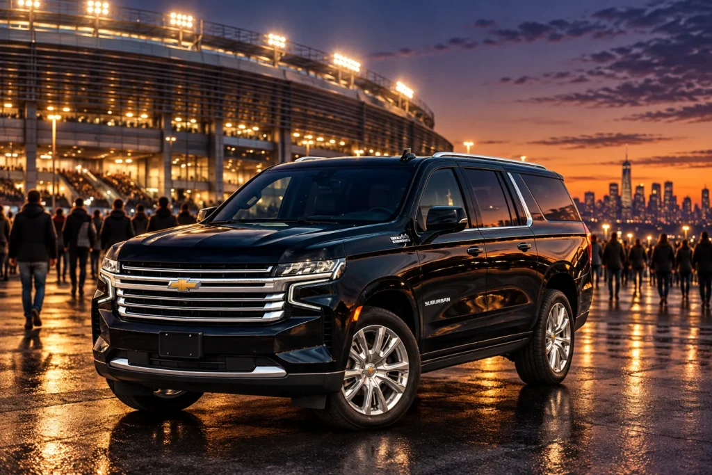 Black Chevrolet Suburban outside a large football stadium in the New Jersey Meadowlands at twilight