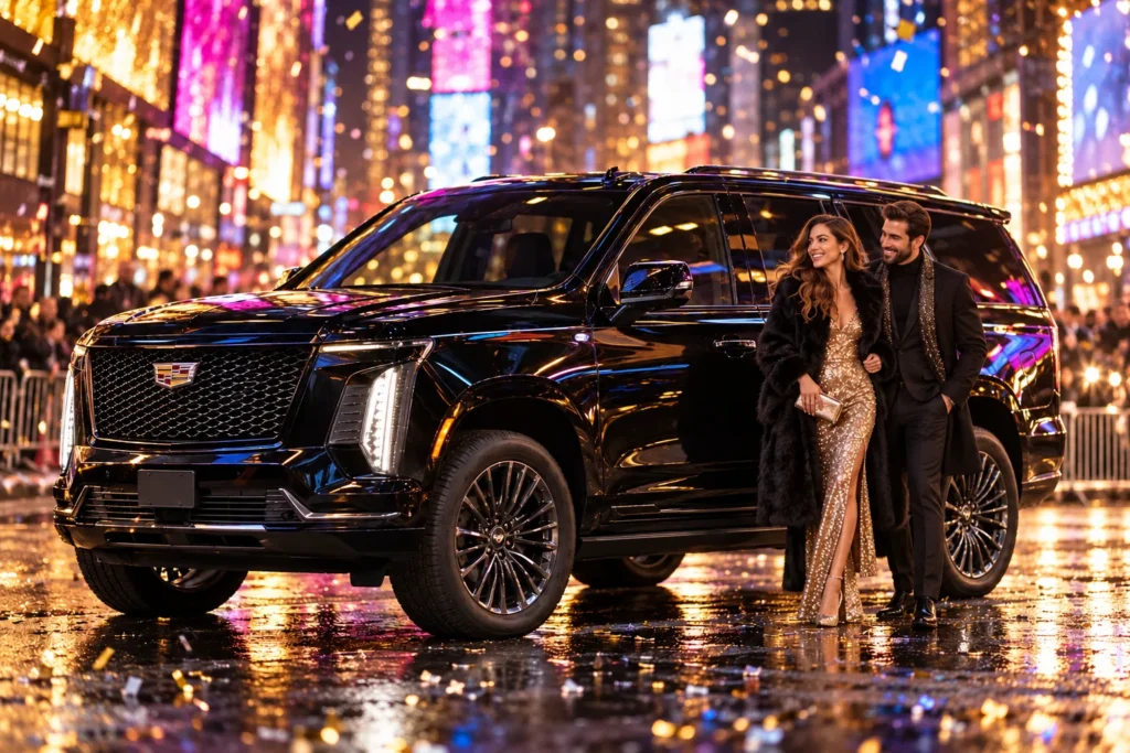 Black Cadillac Escalade near Times Square on New Year's Eve with falling confetti