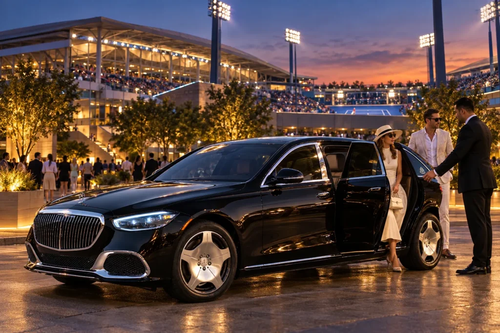 Couple in summer white stepping out of a black Mercedes-Maybach S-Class at a tennis stadium at dusk