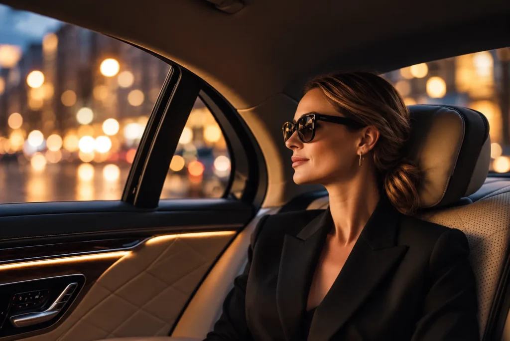 Woman in sunglasses relaxing in the back seat of a luxury chauffeured car with city lights outside