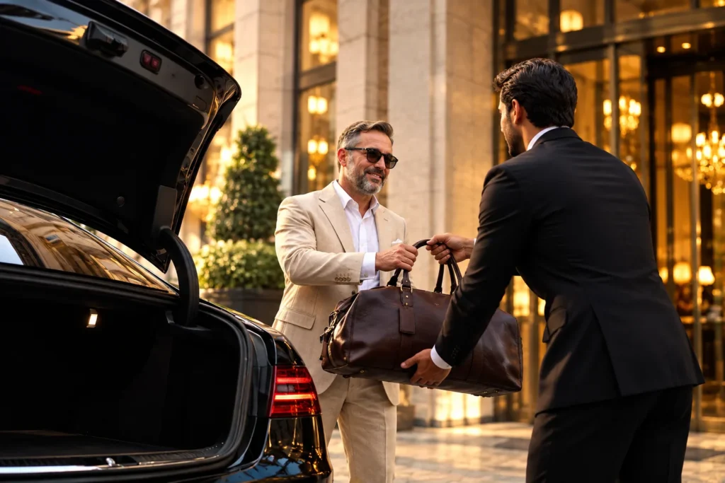 Chauffeur handing a leather bag to a guest at the open trunk of a luxury car in front of a hotel