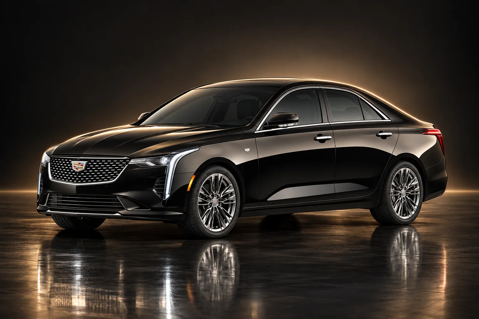 Luxury Sedan — Black Cadillac luxury sedan in a dark studio with champagne-gold rim light