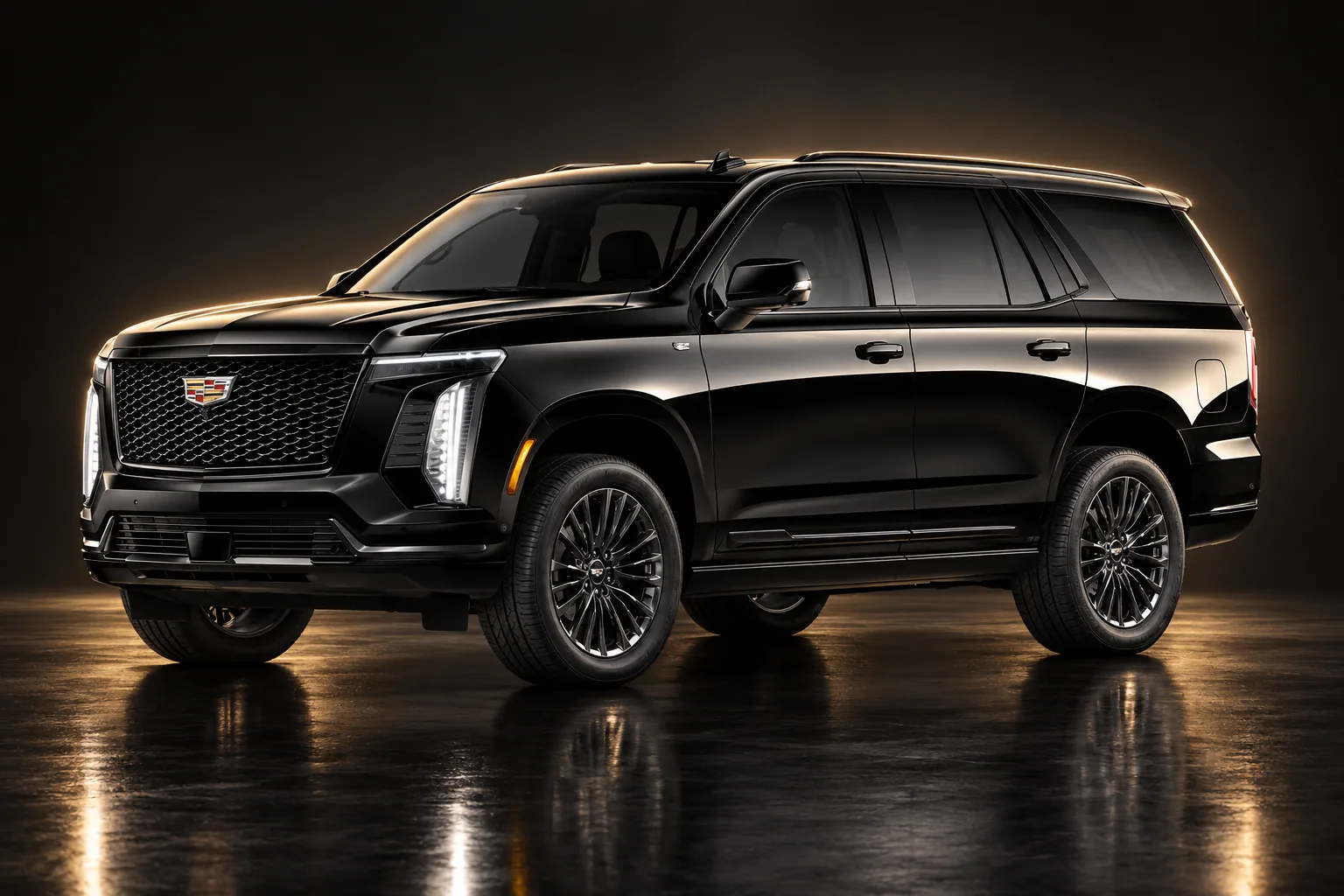 Premium SUV — Black 2026 Cadillac Escalade SUV in a dark studio with champagne-gold rim light