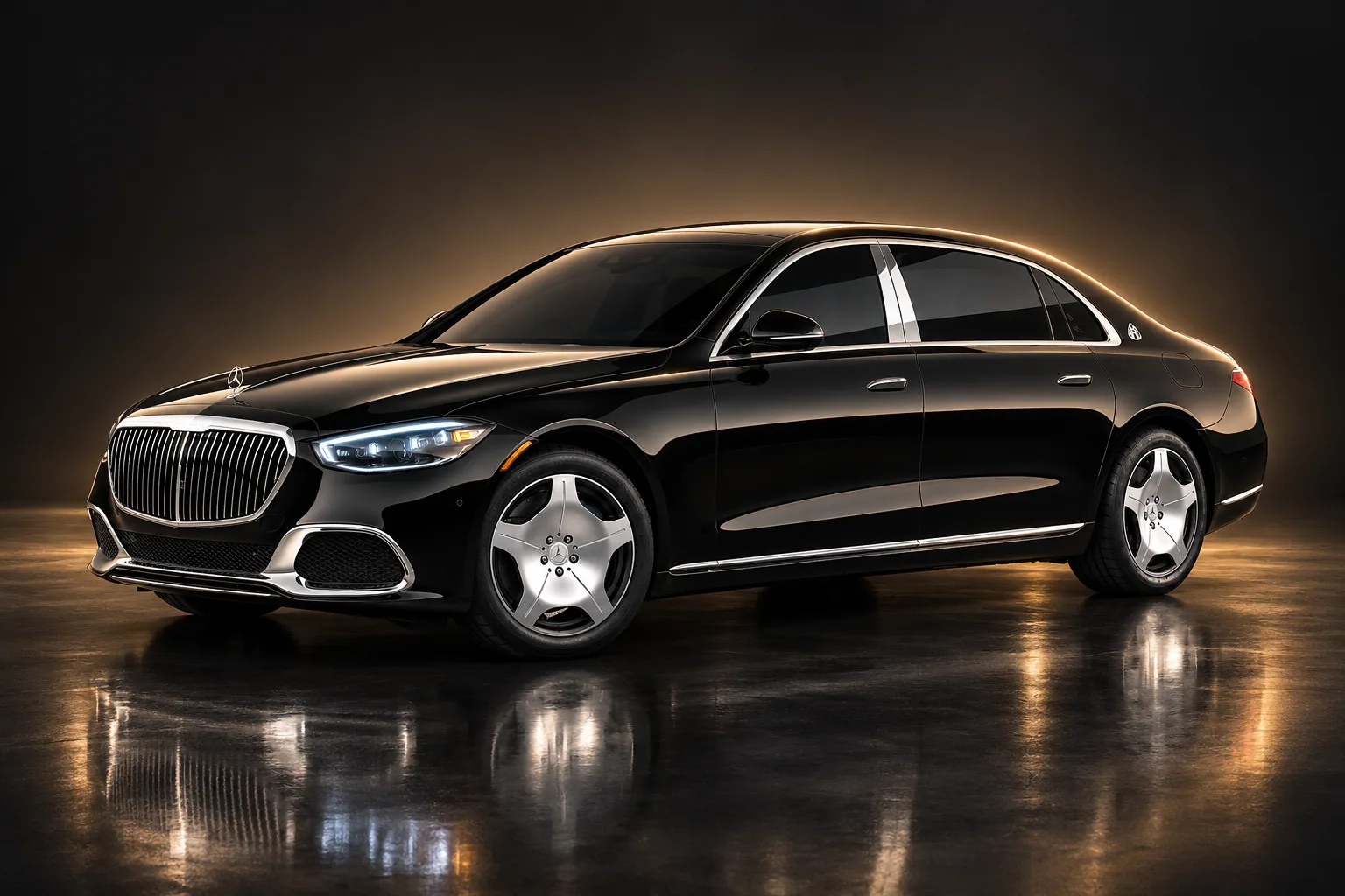 Premium Sedan — Black Mercedes-Maybach S580 long sedan in a dark studio with champagne-gold rim light