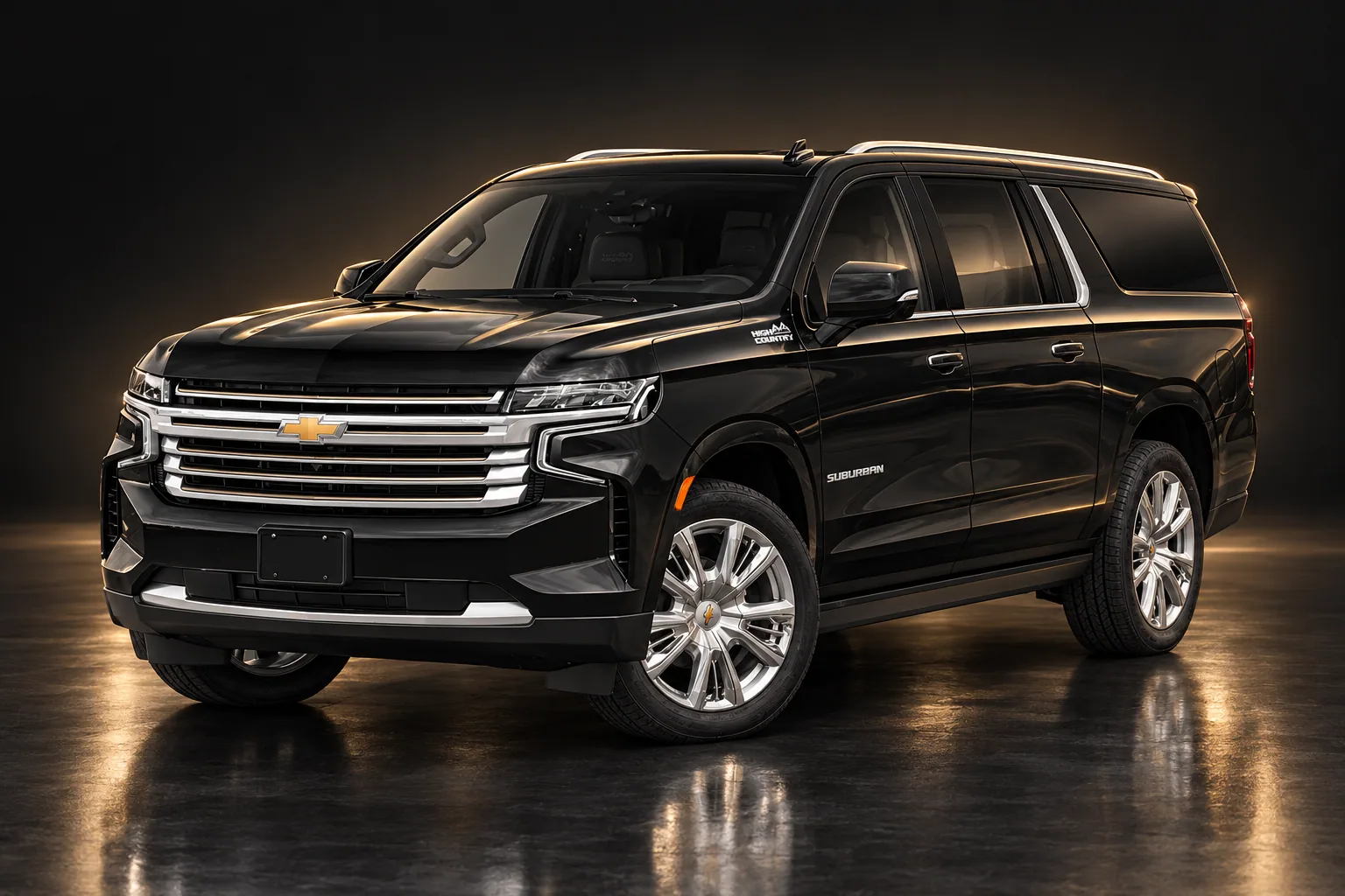 Luxury SUV — Black Chevrolet Suburban High Country SUV in a dark studio with champagne-gold rim light
