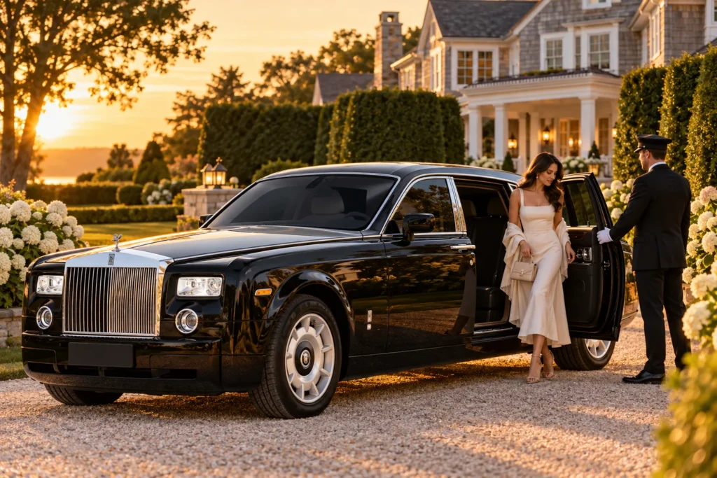 Black Rolls-Royce Phantom on a gravel driveway with clipped hedges at a Hamptons estate, Bridgehampton