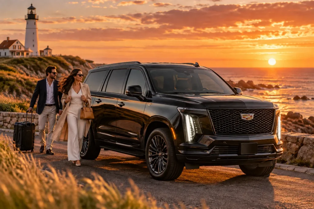 Black Cadillac Escalade near a Montauk lighthouse on a coastal bluff at sunset