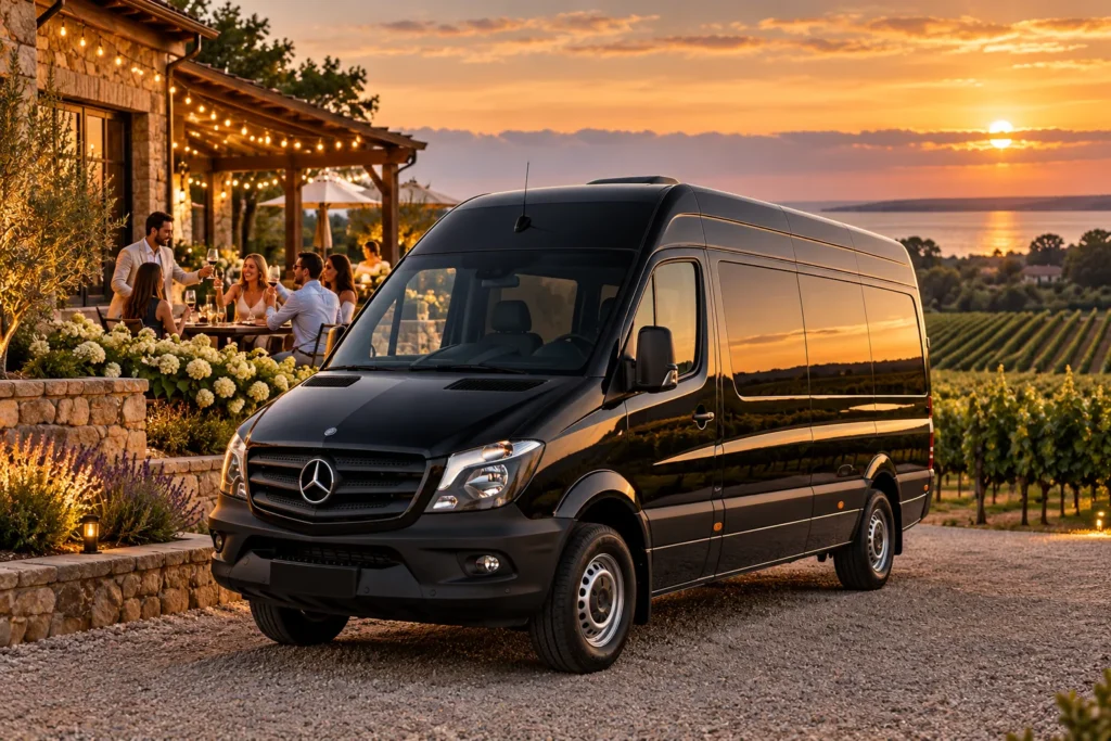 Black Mercedes Sprinter van at a North Fork winery terrace with vineyards at sunset