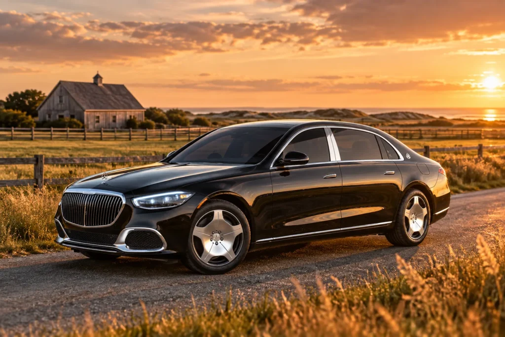 Black Mercedes-Maybach S-Class on a country road through farm fields at golden hour, Sagaponack