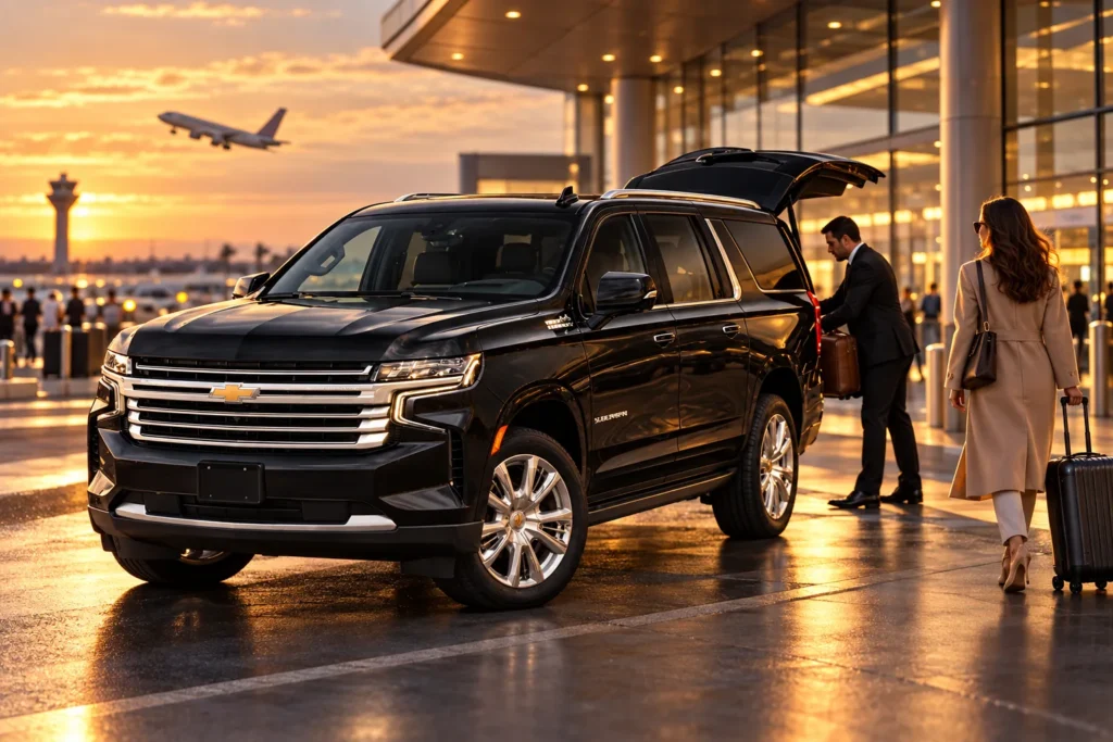 Chauffeur loading luggage into a black Chevrolet Suburban at an airport arrivals curb at dusk