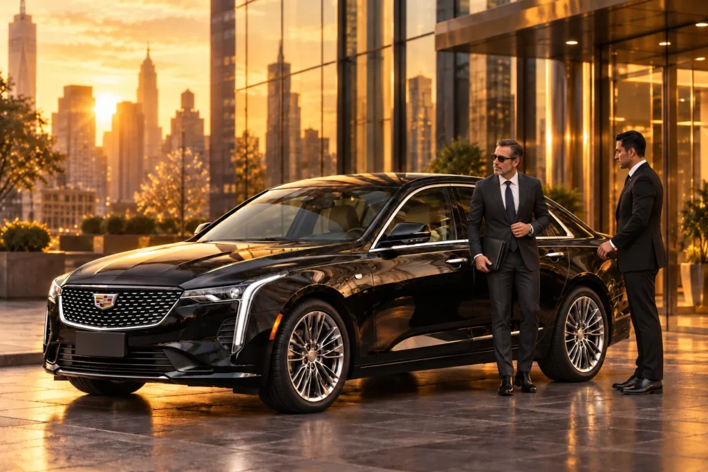 Executive stepping out of a black Cadillac sedan with a chauffeur in front of a Manhattan glass office tower at golden hour
