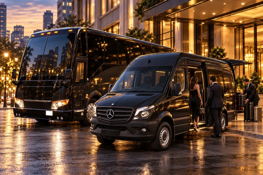 Black Mercedes Sprinter executive van and luxury motor coach at a city curb at dusk with travelers boarding