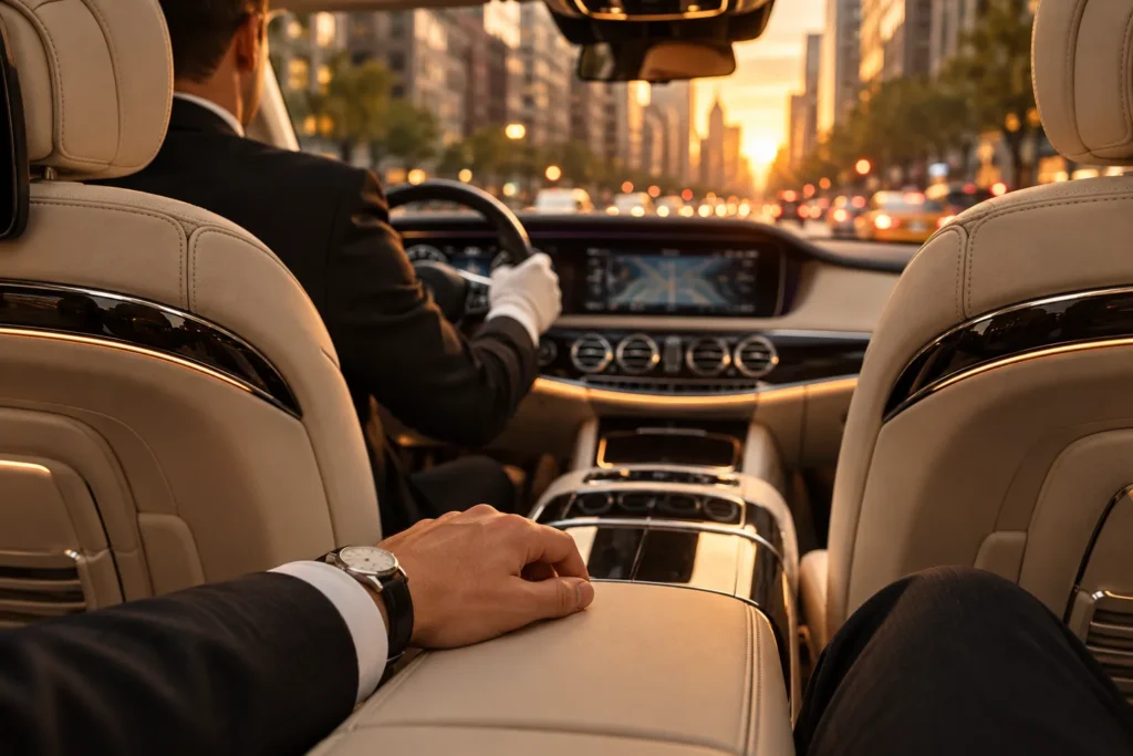 View from the back seat of a black Mercedes-Maybach S-Class with a chauffeur driving along a city avenue at golden hour