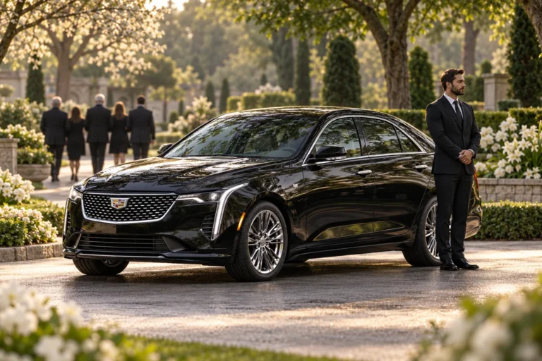 Black Cadillac sedan with a chauffeur standing respectfully near a peaceful garden path in soft morning light
