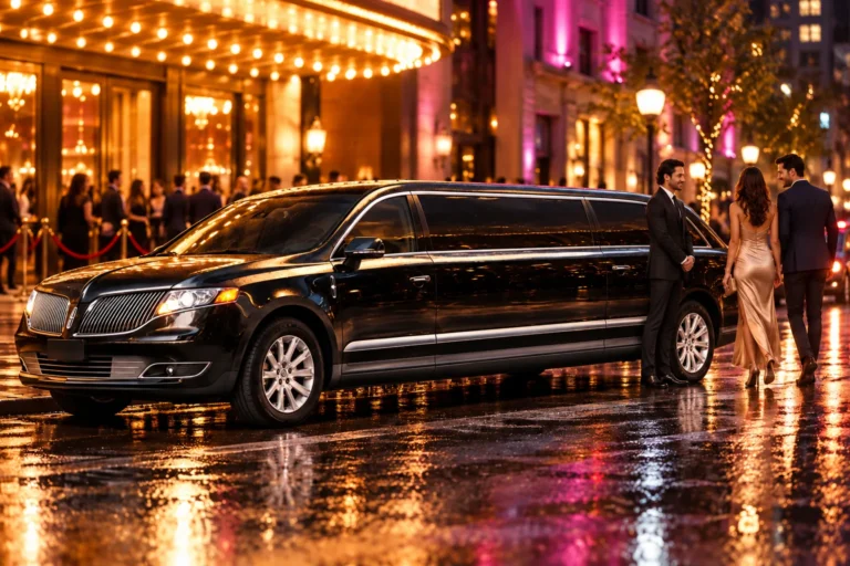 Black stretch limousine on a rain-wet city street at night as concert-goers step out