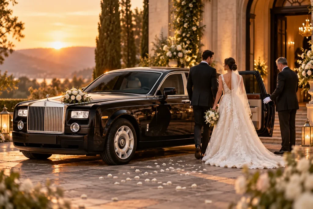 Bride and groom beside a black Rolls-Royce Phantom with a chauffeur at an elegant estate entrance at sunset