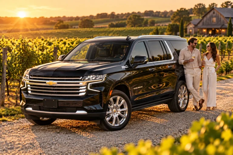 Black Chevrolet Suburban parked among vineyard rows with two friends holding wine glasses at golden hour