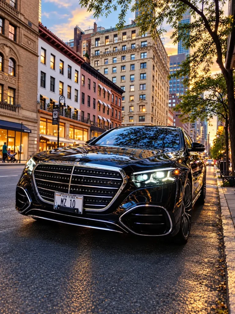 MZ RIDE Mercedes-Benz S580 chauffeur car at sunset on a Manhattan avenue