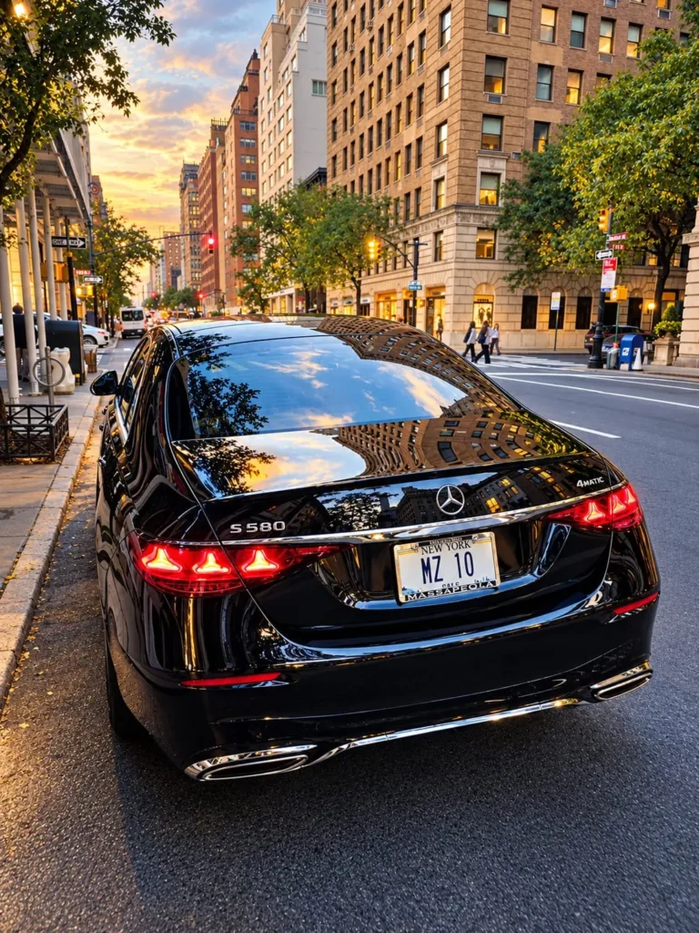 Mercedes-Benz S580 black car service sedan on a tree-lined Manhattan street at golden hour