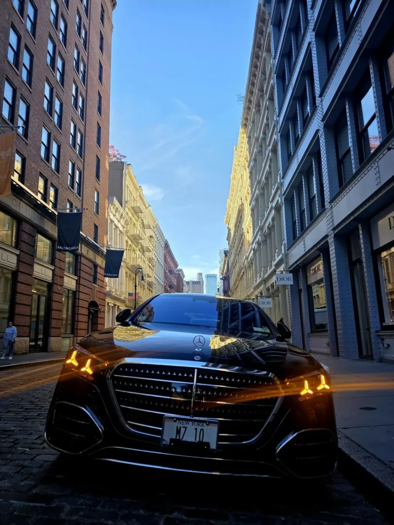 MZ RIDE Mercedes-Benz S580 parked on a SoHo cobblestone street ready for a NYC pickup