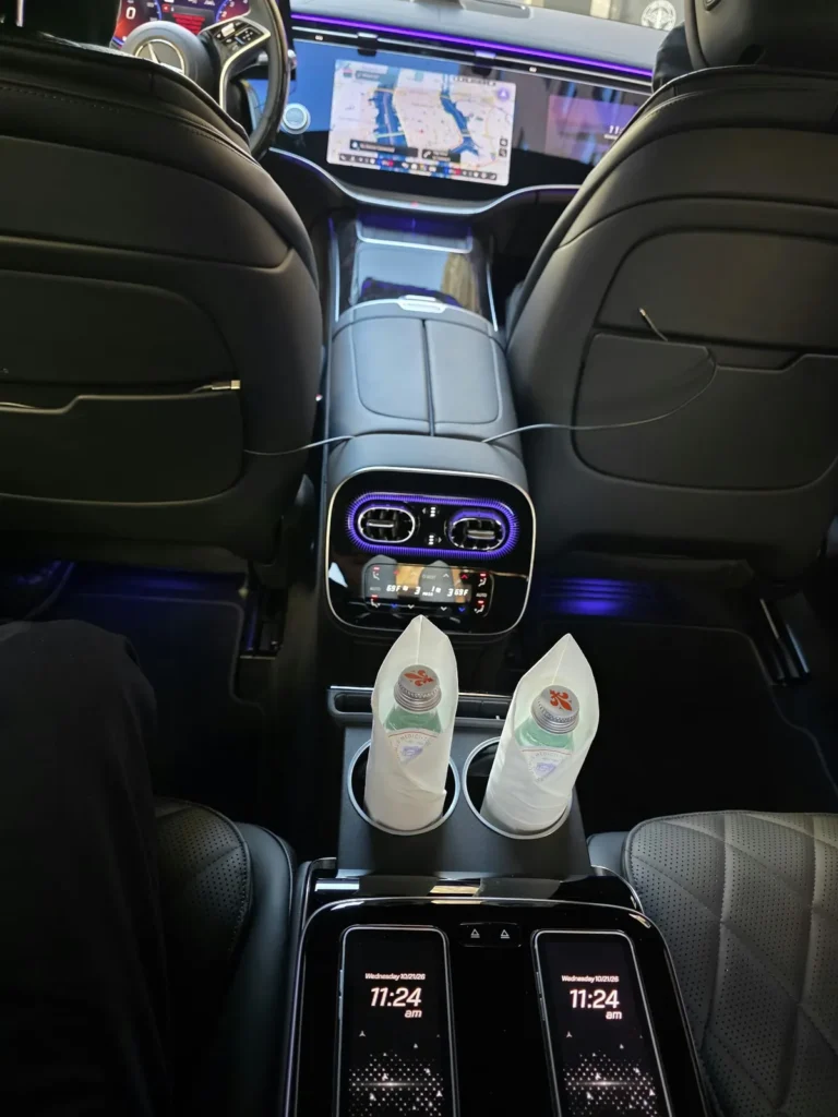 Mercedes S-Class rear cabin with ambient lighting, chilled water and rear-seat tablets - MZ RIDE
